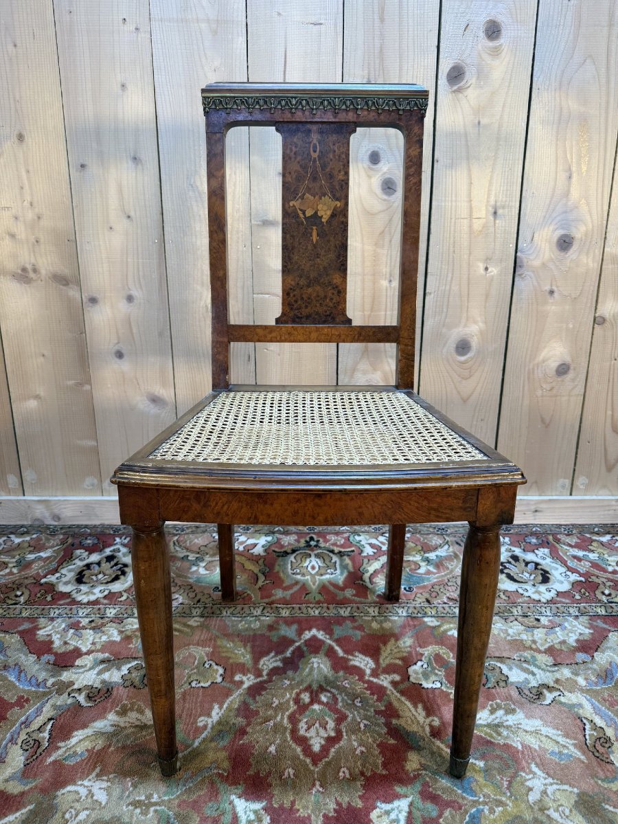 Suite de 6 chaises époque Art Déco en marqueterie et cannage-photo-6
