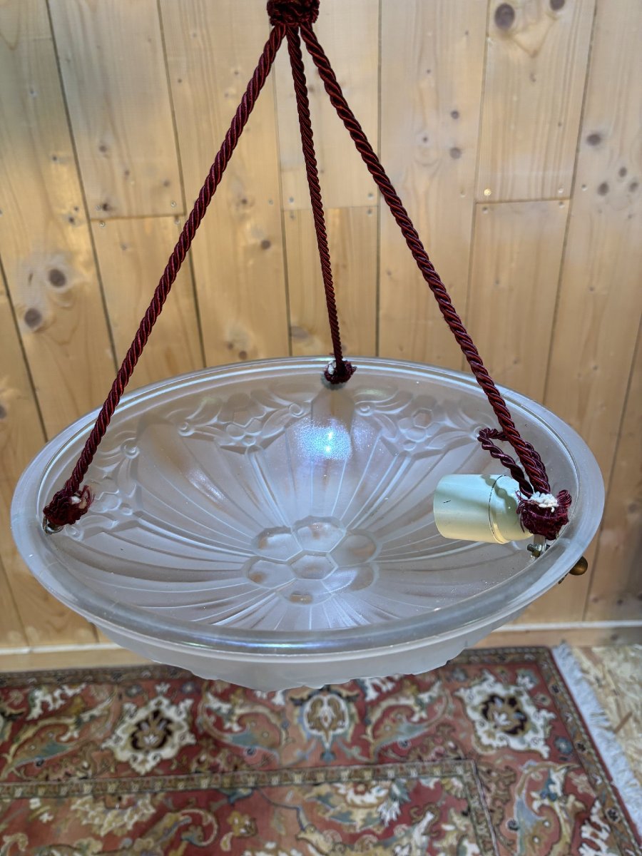 Plafonnier Sonover Art déco en verre pressé, suspendu par cordage – vers 1930-photo-4