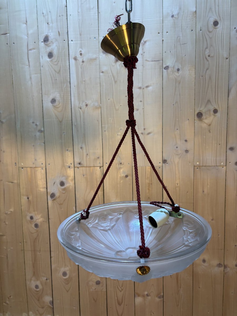 Plafonnier Sonover Art déco en verre pressé, suspendu par cordage – vers 1930-photo-2