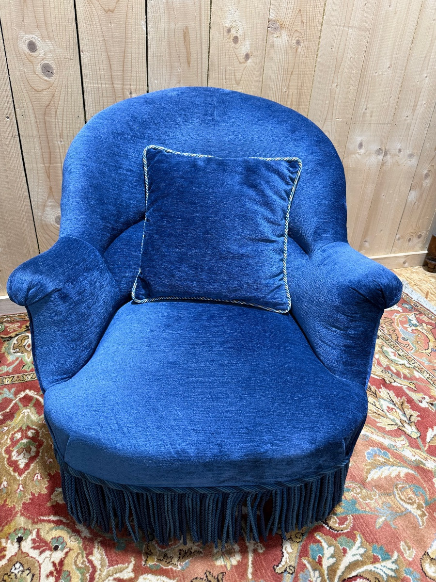 Paire de fauteuils crapaud Napoléon III velours bleu -photo-2