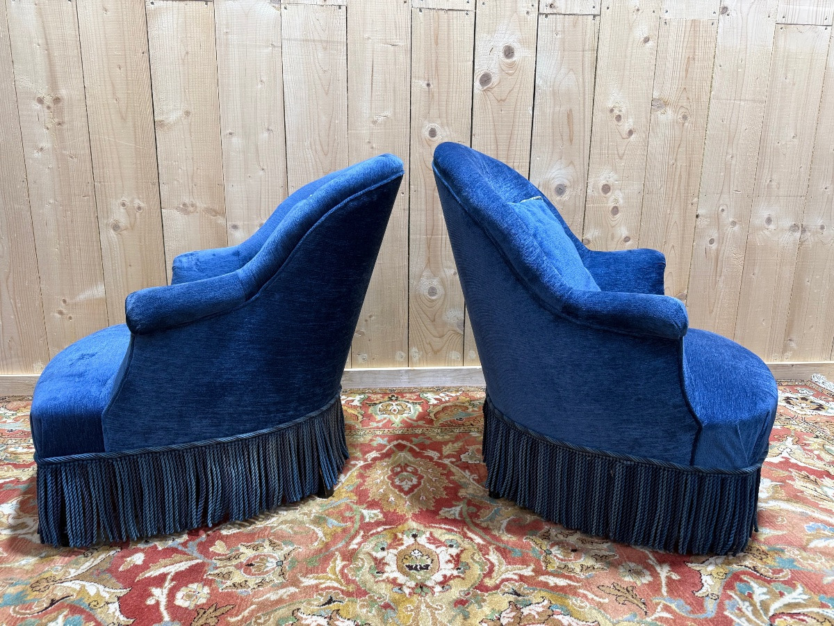 Paire de fauteuils crapaud Napoléon III velours bleu -photo-1