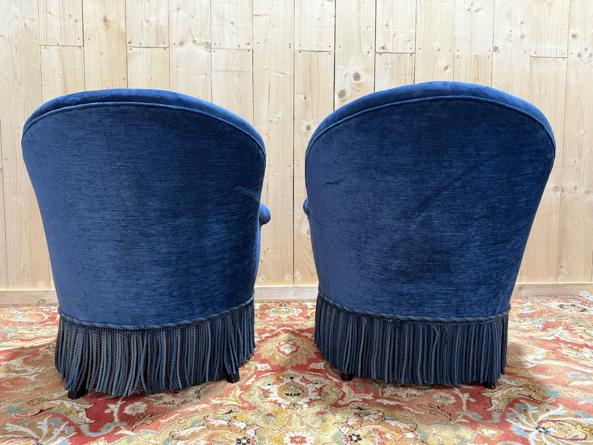Paire de fauteuils crapaud Napoléon III velours bleu -photo-2