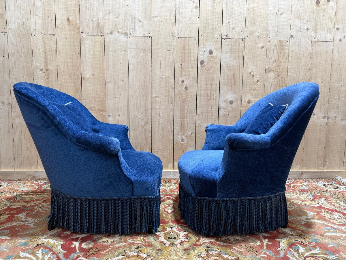 Paire de fauteuils crapaud Napoléon III velours bleu -photo-3