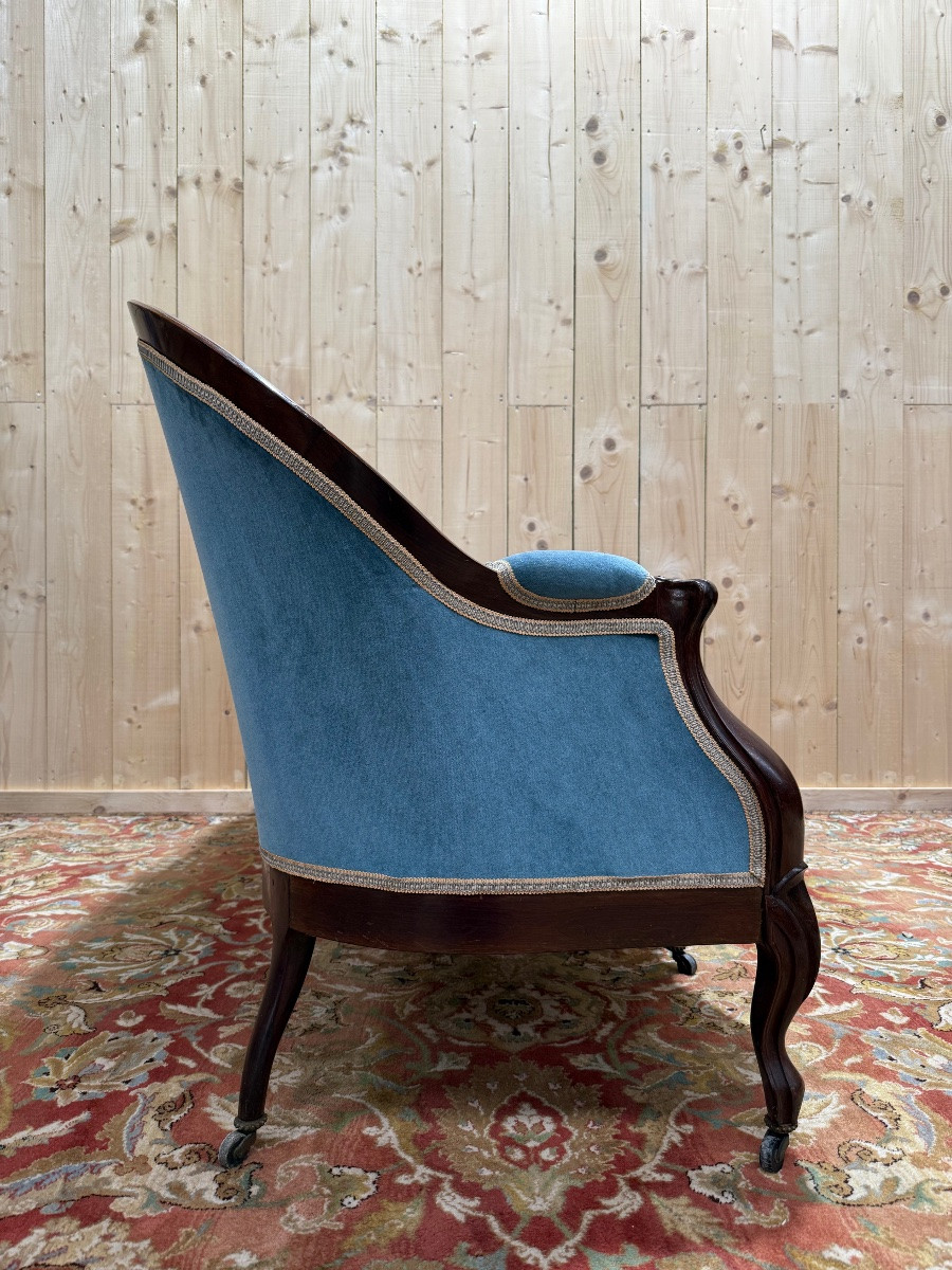 Canapé - Banquette d'époque Louis Philippe velours bleu -photo-1