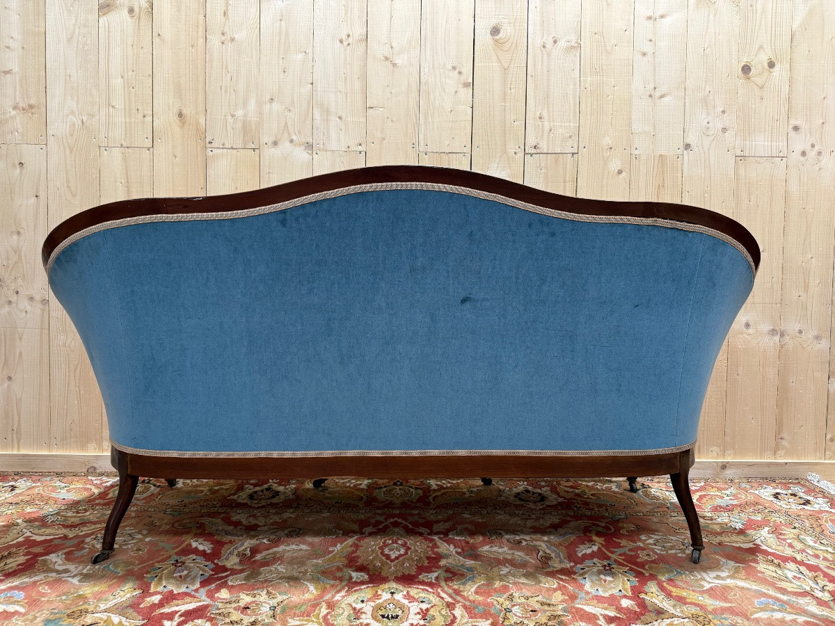 Canapé - Banquette d'époque Louis Philippe velours bleu -photo-2