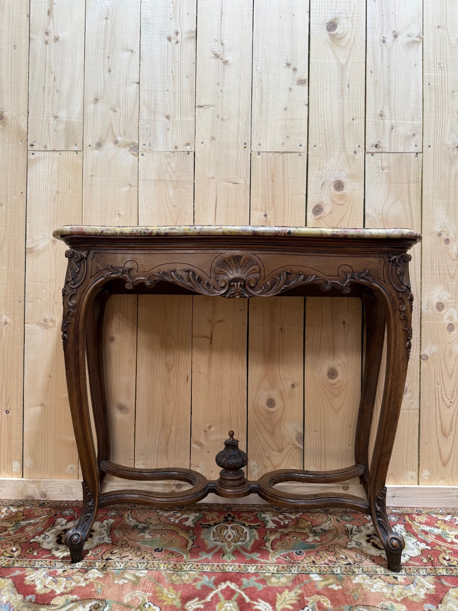 Louis XV Style Console In Carved Walnut And Marble 