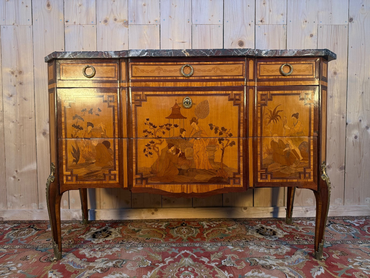 Transition Style Commode In Chinoiserie Marquetry 