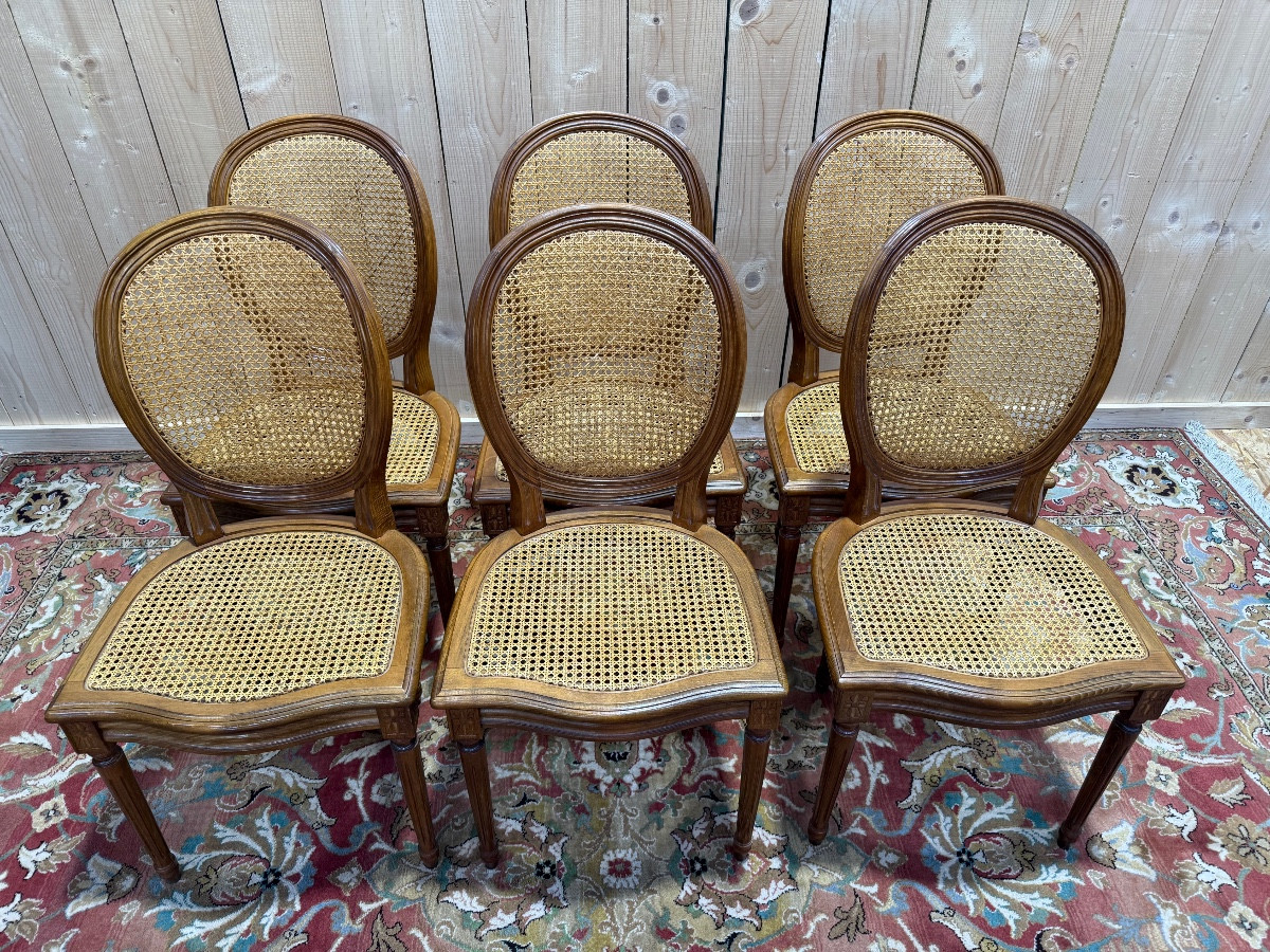 Suite Of 6 Louis XVI Style Wickerwork Medallion Chairs-photo-2