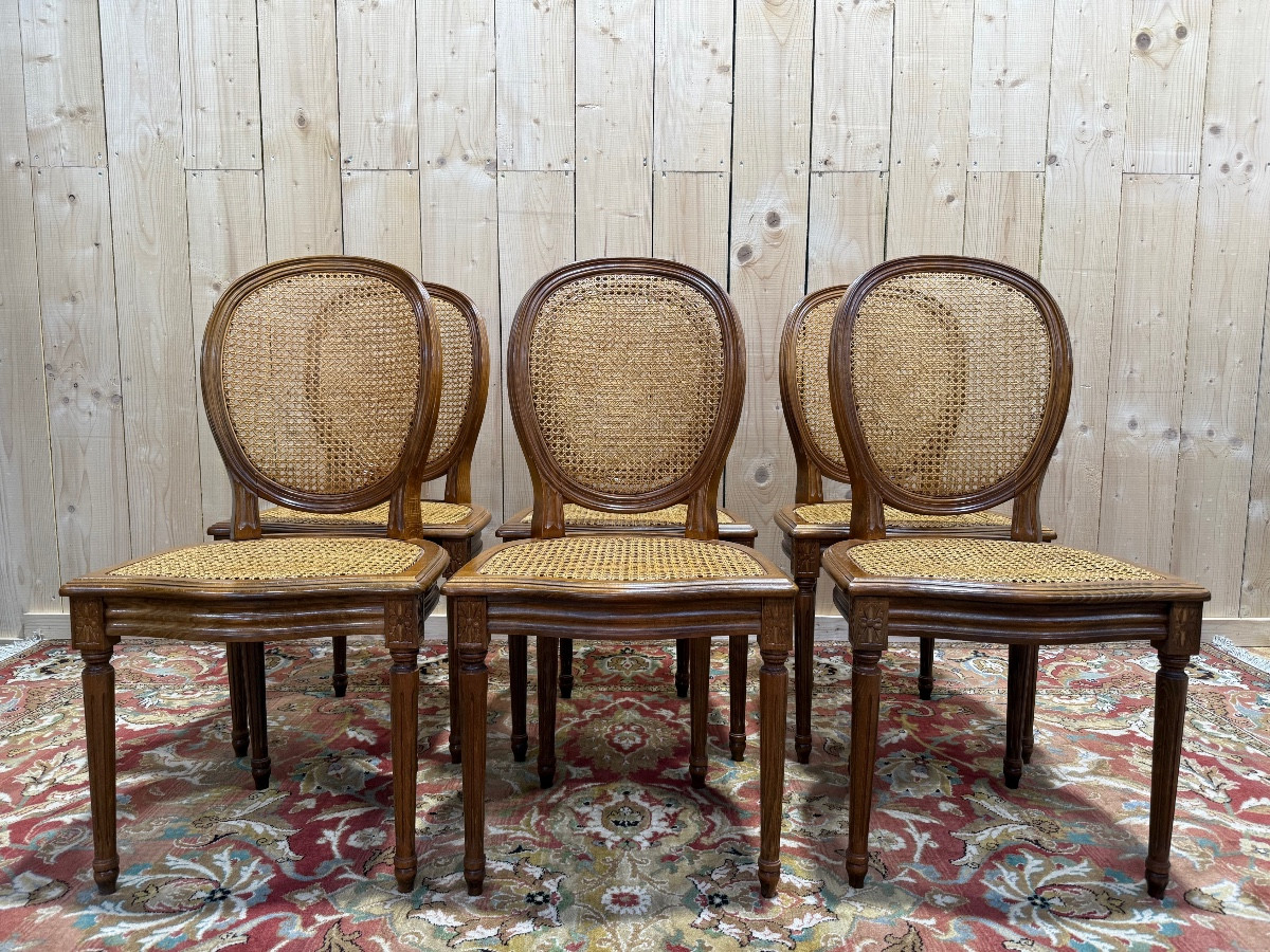 Suite Of 6 Louis XVI Style Wickerwork Medallion Chairs