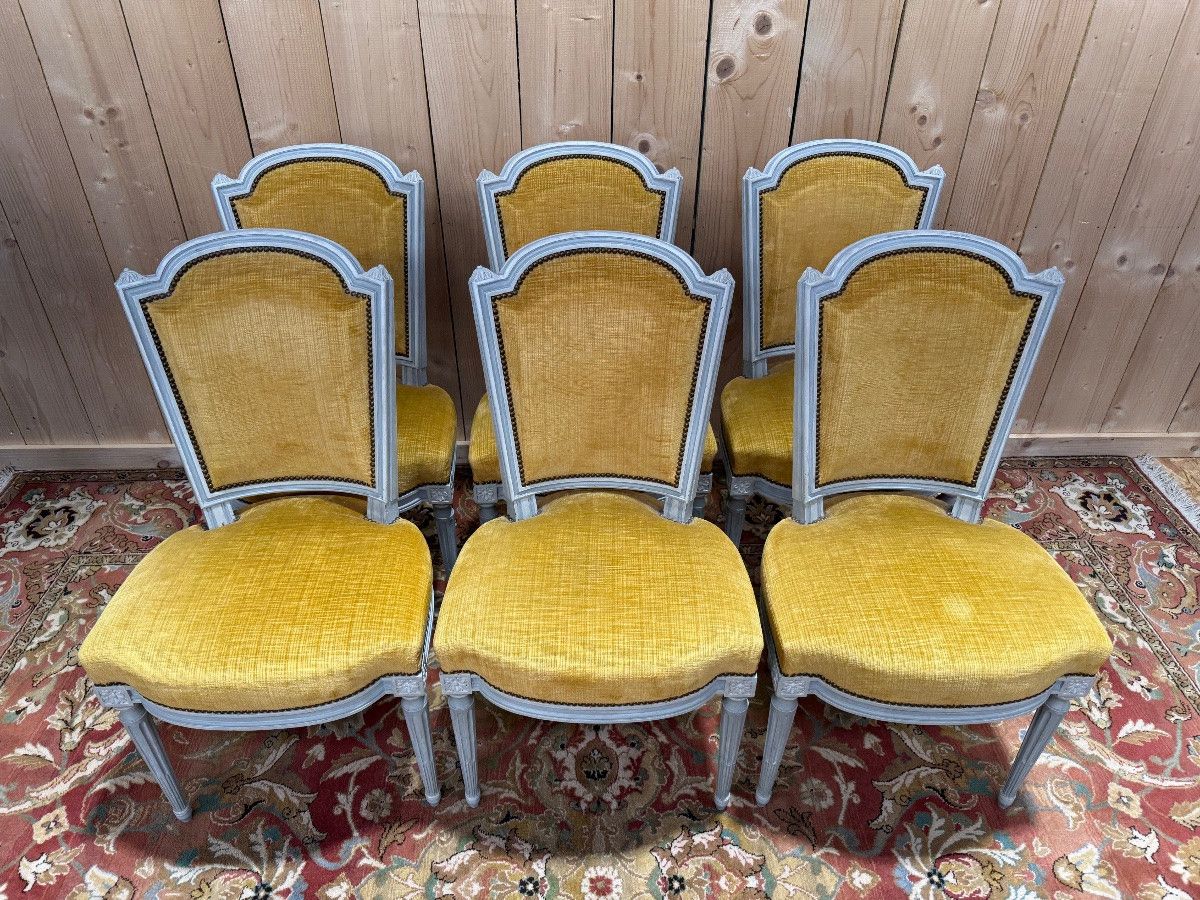 Suite Of 6 Louis XVI Style Chairs In Reupholstered Wood And Mustard Velvet-photo-2