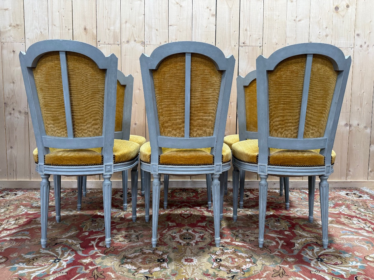 Suite Of 6 Louis XVI Style Chairs In Reupholstered Wood And Mustard Velvet-photo-3