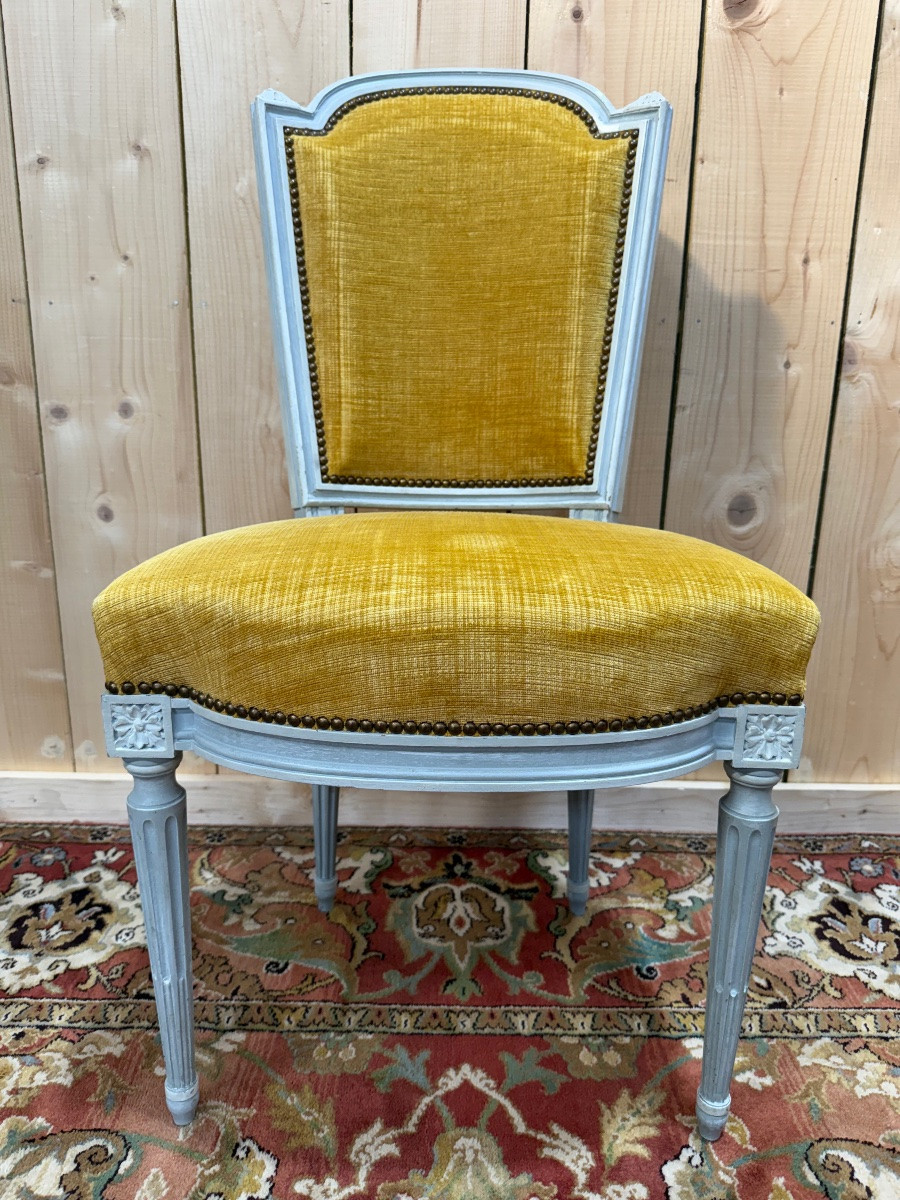 Suite Of 6 Louis XVI Style Chairs In Reupholstered Wood And Mustard Velvet-photo-4