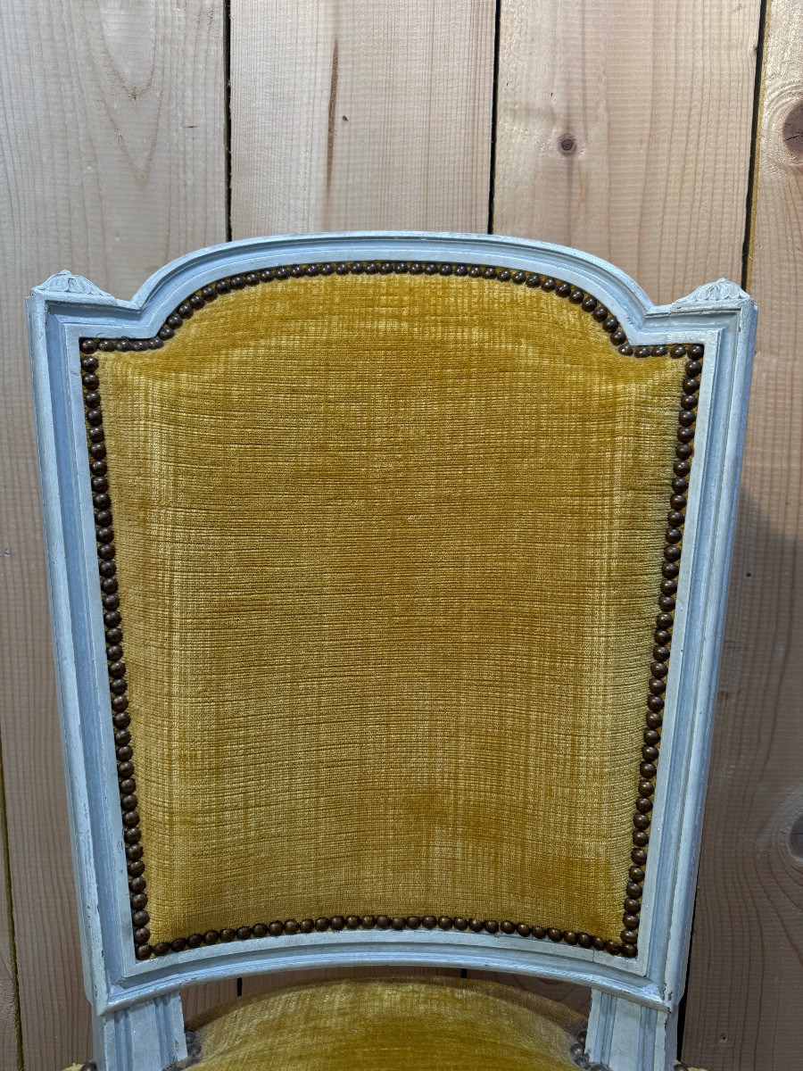Suite Of 6 Louis XVI Style Chairs In Reupholstered Wood And Mustard Velvet-photo-1