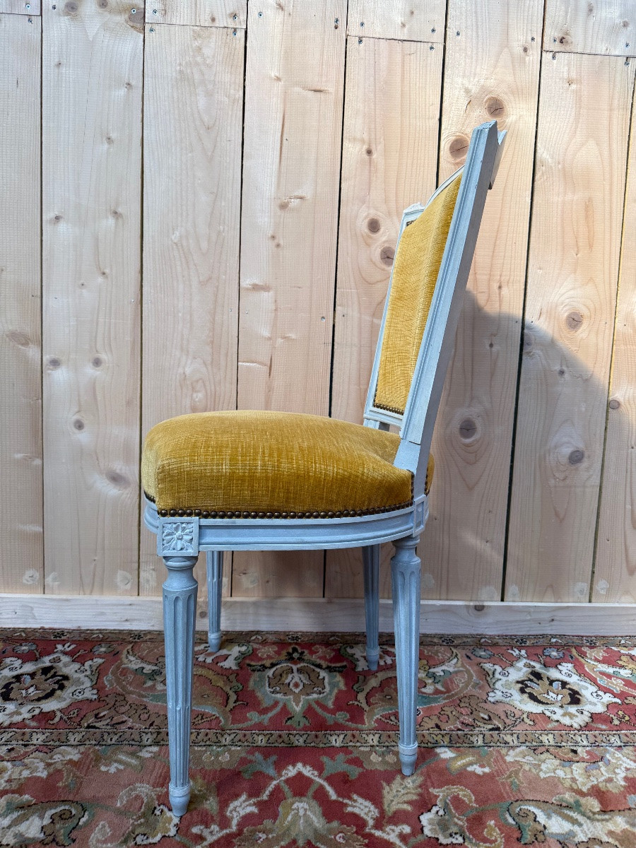 Suite Of 6 Louis XVI Style Chairs In Reupholstered Wood And Mustard Velvet-photo-2