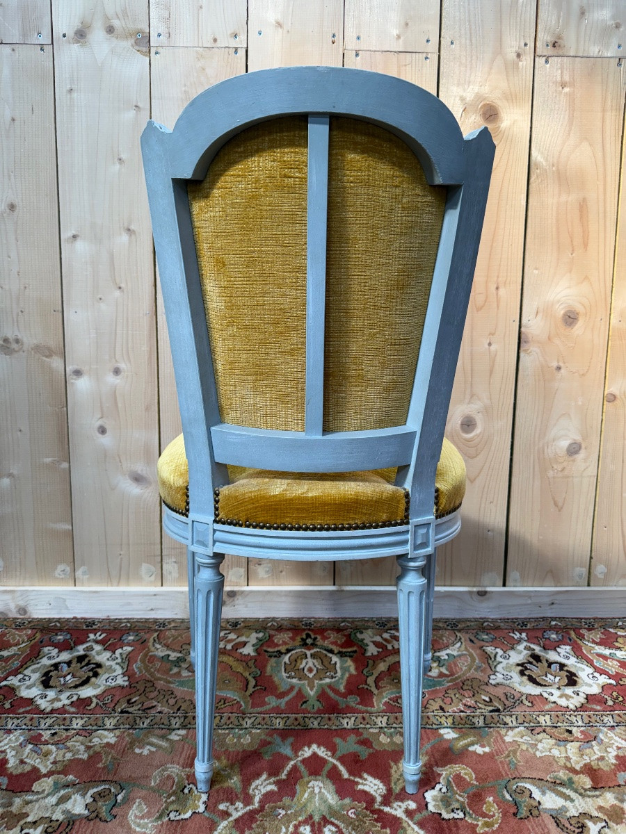 Suite Of 6 Louis XVI Style Chairs In Reupholstered Wood And Mustard Velvet-photo-3