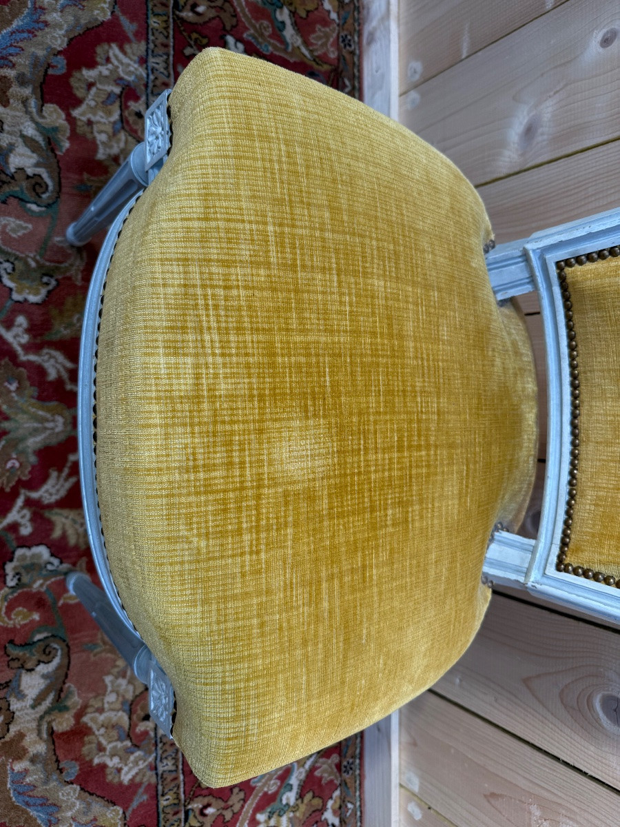 Suite Of 6 Louis XVI Style Chairs In Reupholstered Wood And Mustard Velvet-photo-5