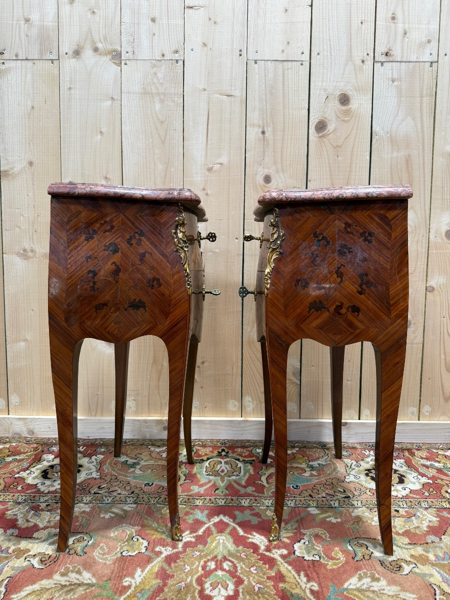 Pair Of Marquetry And Marble Bedside Tables In The Louis XV Style-photo-1