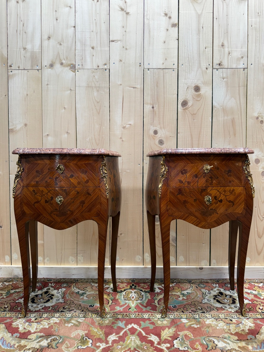 Pair Of Marquetry And Marble Bedside Tables In The Louis XV Style