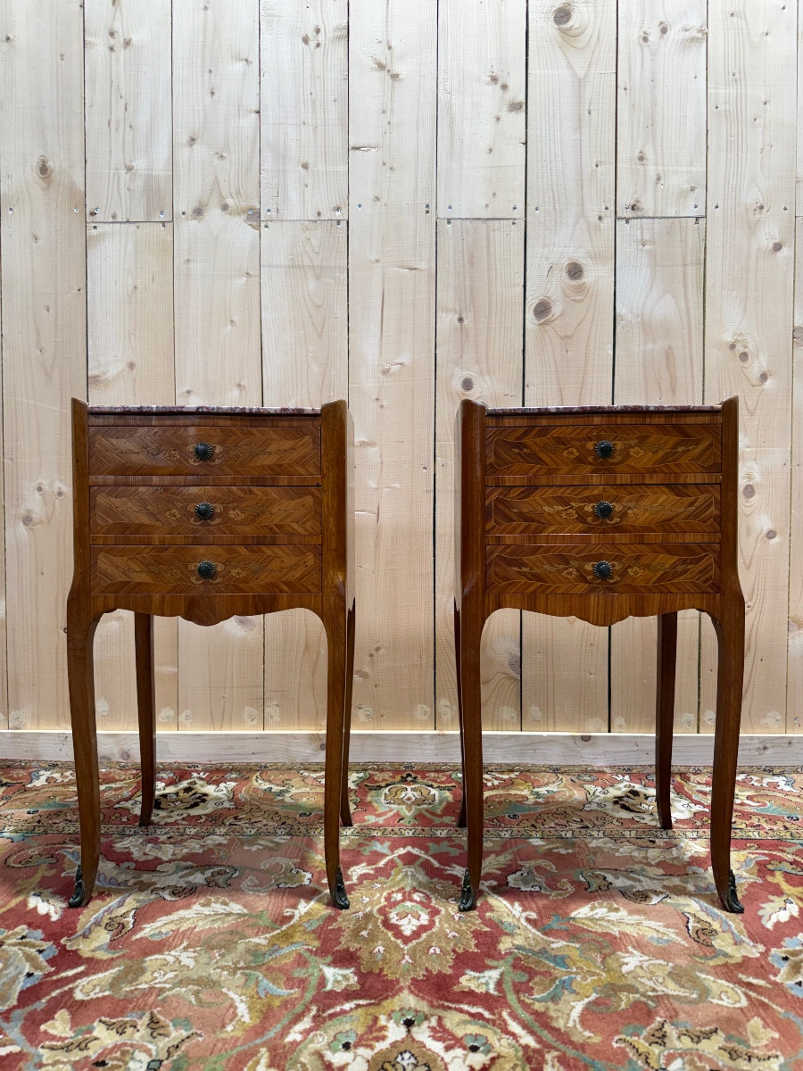 Pair Of Transition Style Bedside Tables In Marquetry