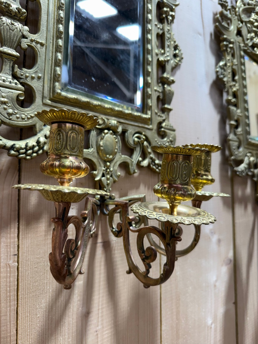 Paire de miroirs / portes-bougies Napoléon III en bronze -photo-1