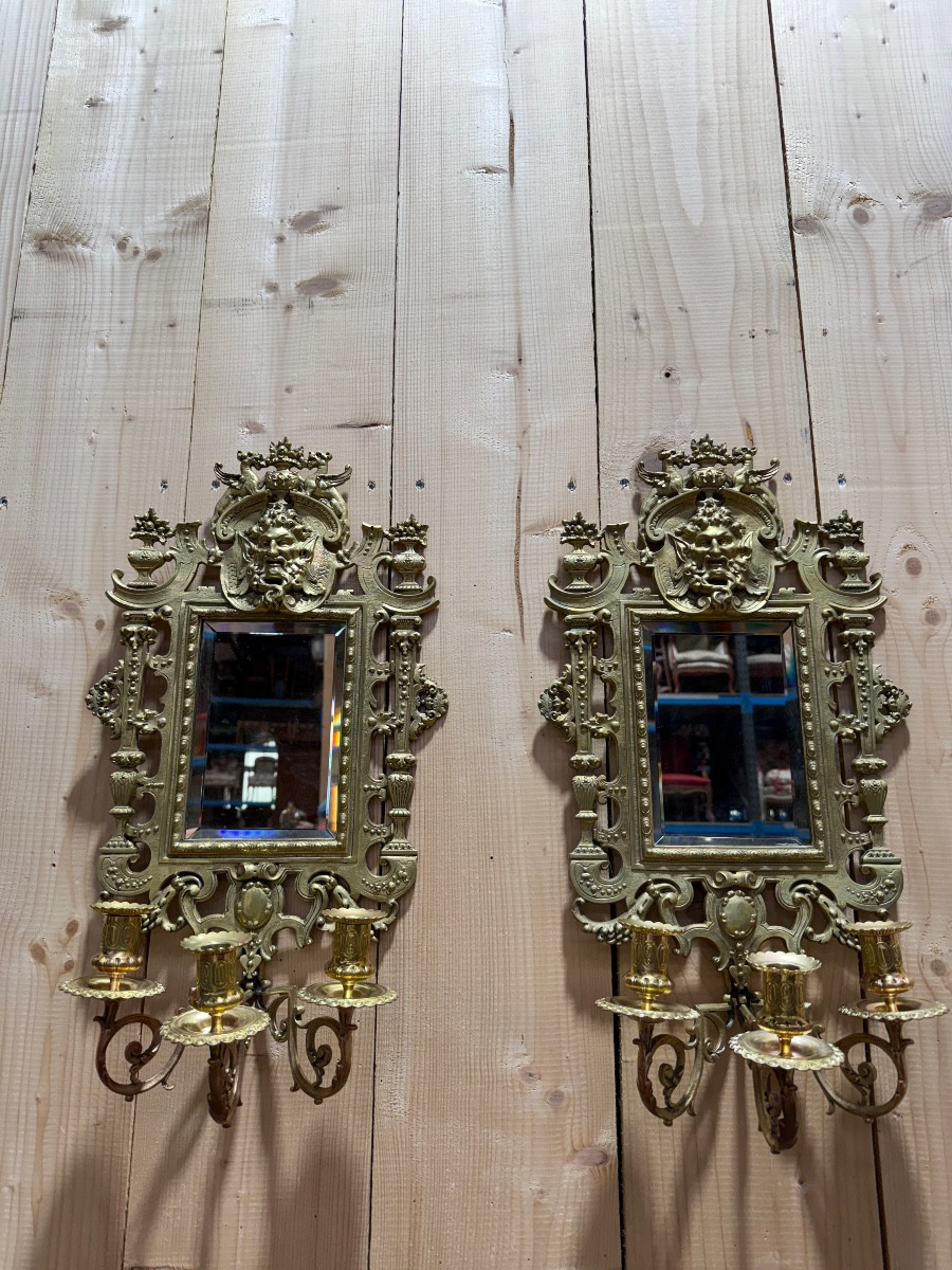 Paire de miroirs / portes-bougies Napoléon III en bronze 