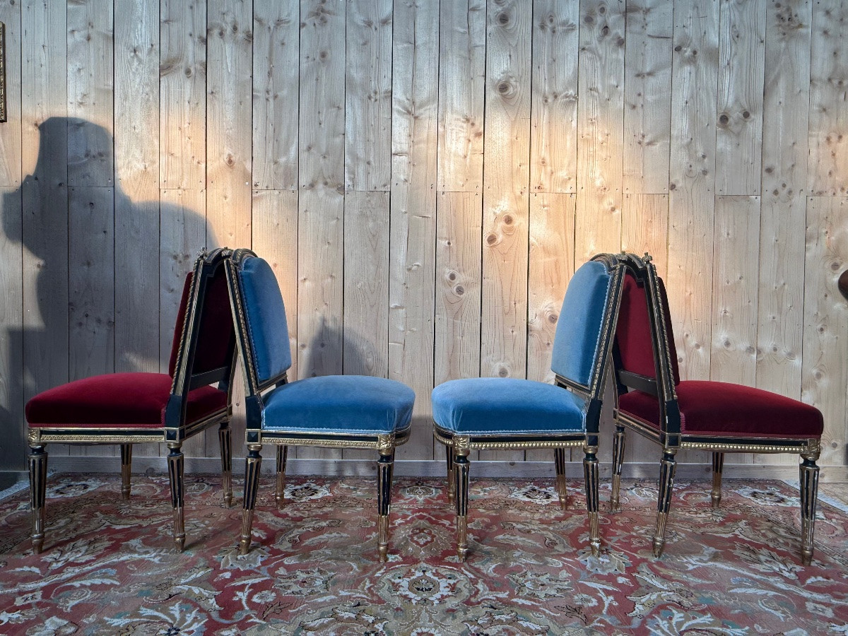 Suite de 4 chaises de style Napoléon III bois noirci et doré -photo-3