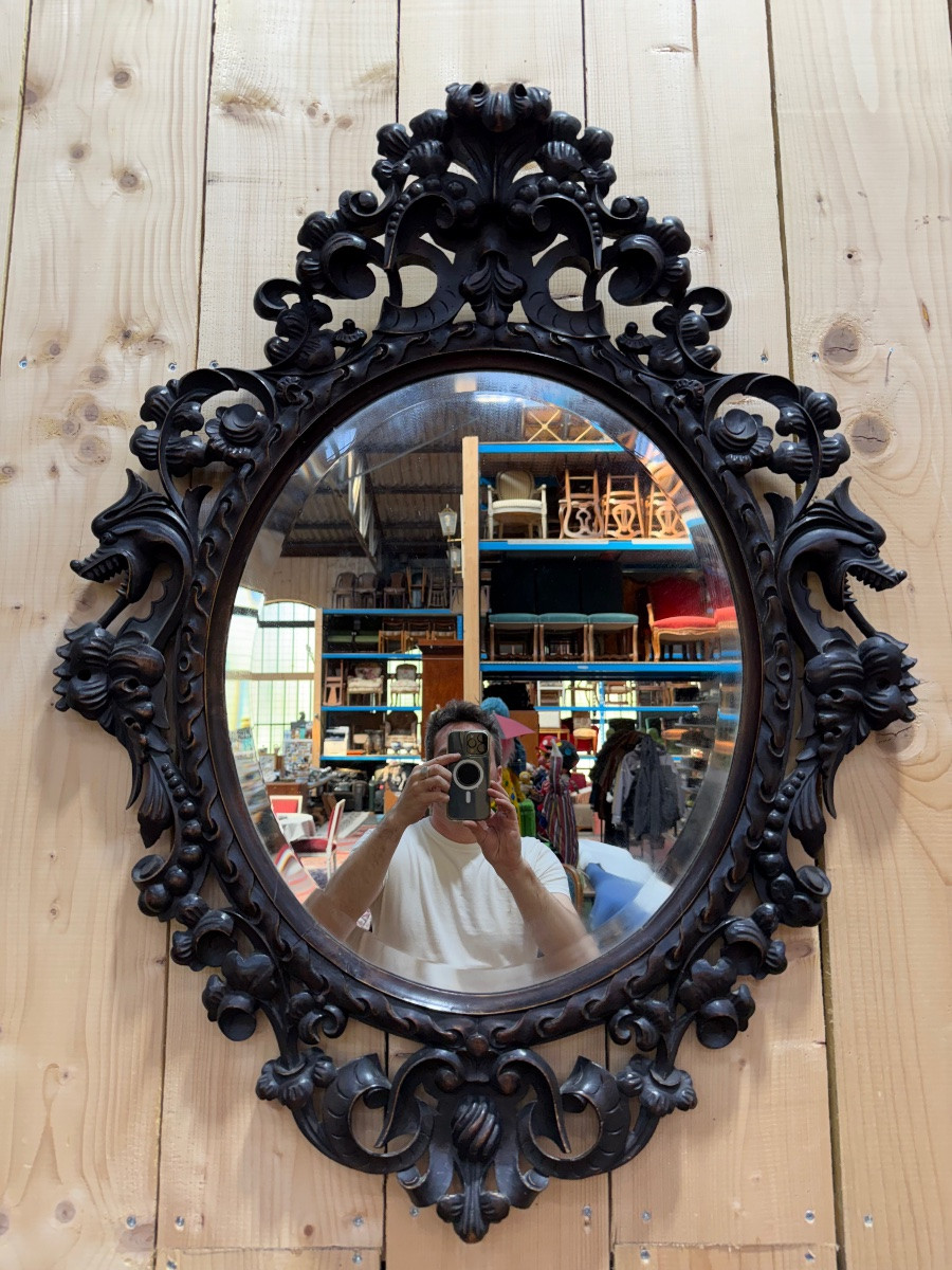 Carved Wooden Oval Mirror With -photo-2