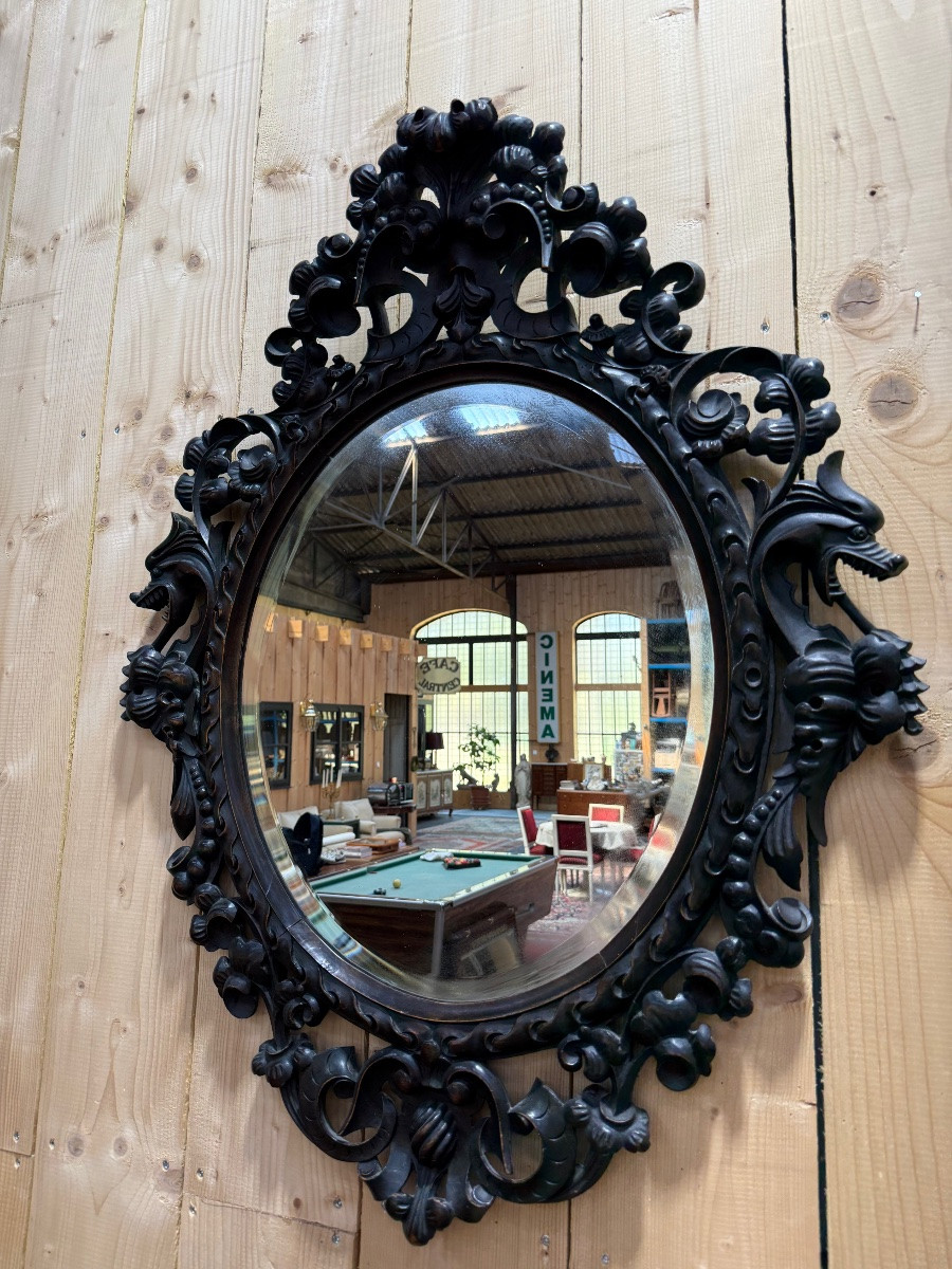 Carved Wooden Oval Mirror With -photo-3