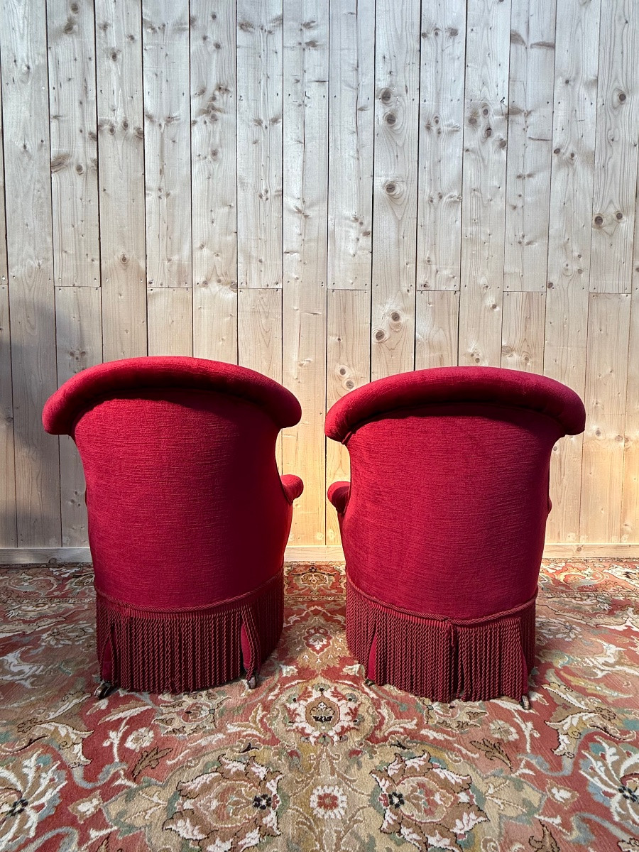 Paire de fauteuils crapaud de style Napoléon III velours rouge -photo-1