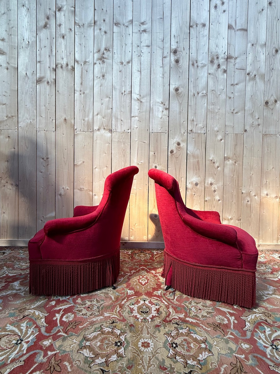 Paire de fauteuils crapaud de style Napoléon III velours rouge -photo-2