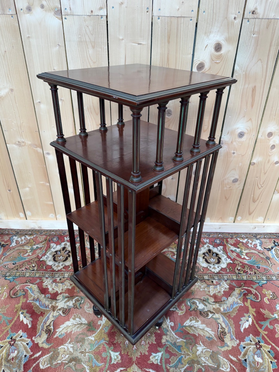 Revolving Bookcase In Solid Mahogany And Brass-photo-2