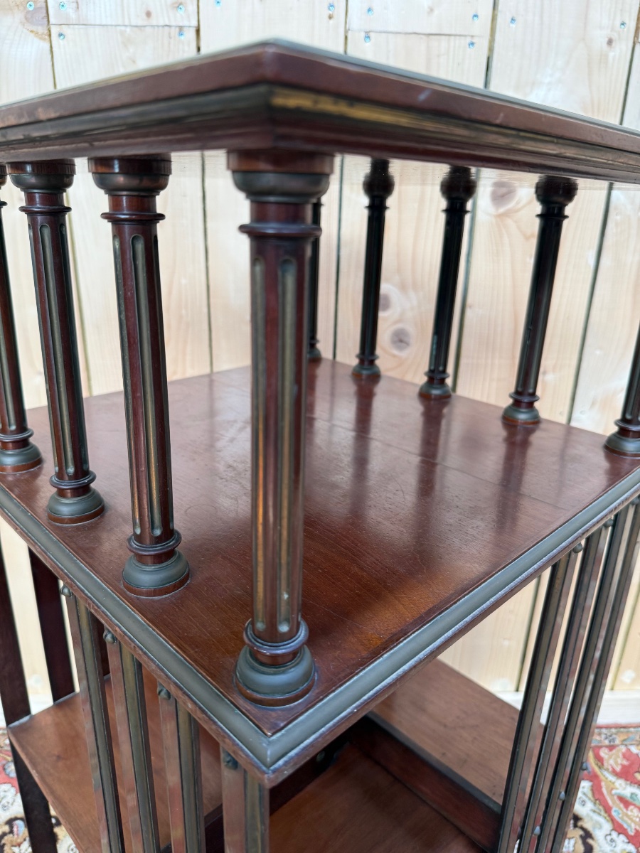 Revolving Bookcase In Solid Mahogany And Brass-photo-3