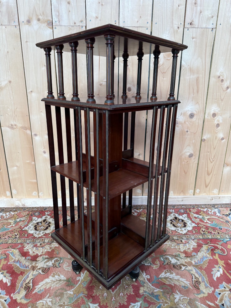Revolving Bookcase In Solid Mahogany And Brass-photo-4