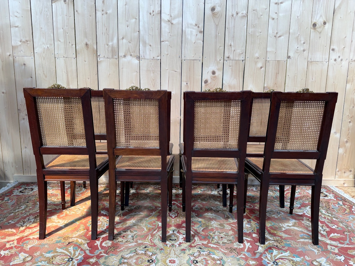 Suite de 8 chaises de style Louis XVI en acajou et cannage -photo-2