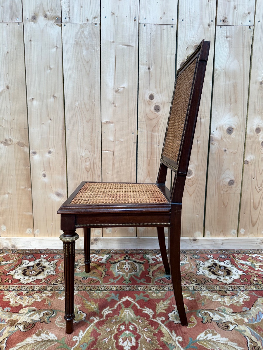 Suite de 8 chaises de style Louis XVI en acajou et cannage -photo-3