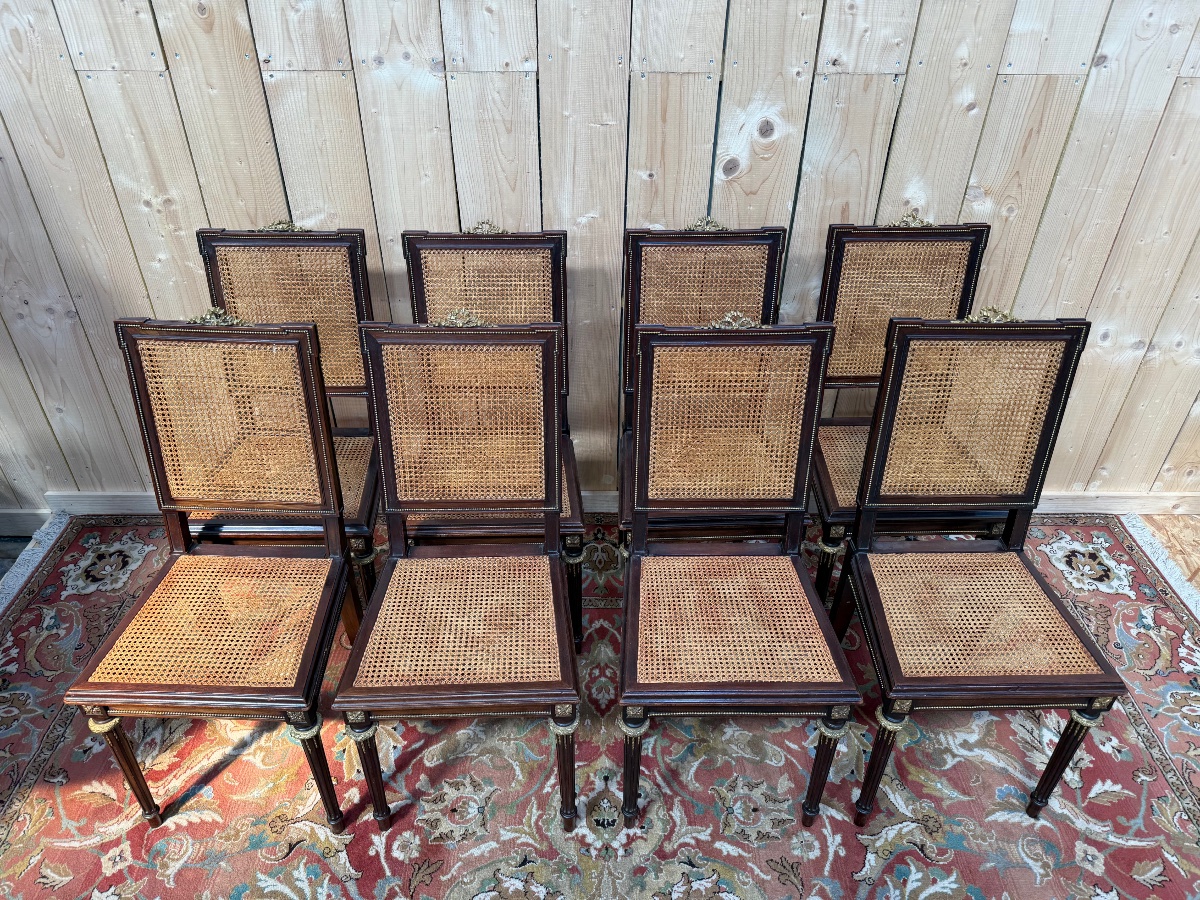 Suite de 8 chaises de style Louis XVI en acajou et cannage -photo-4