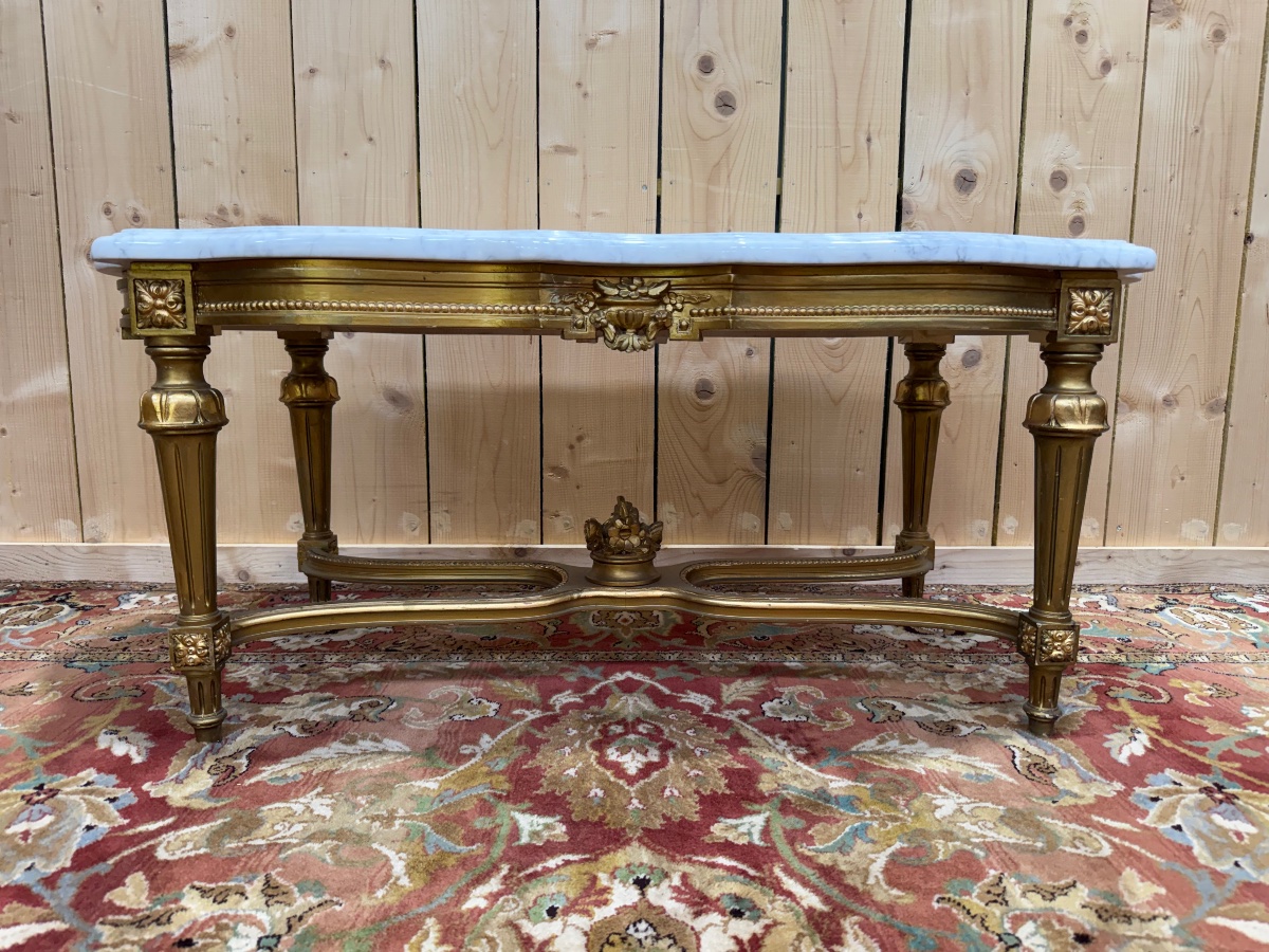 Louis XVI-style Coffee Table In Gilded Wood And White Marble -photo-2