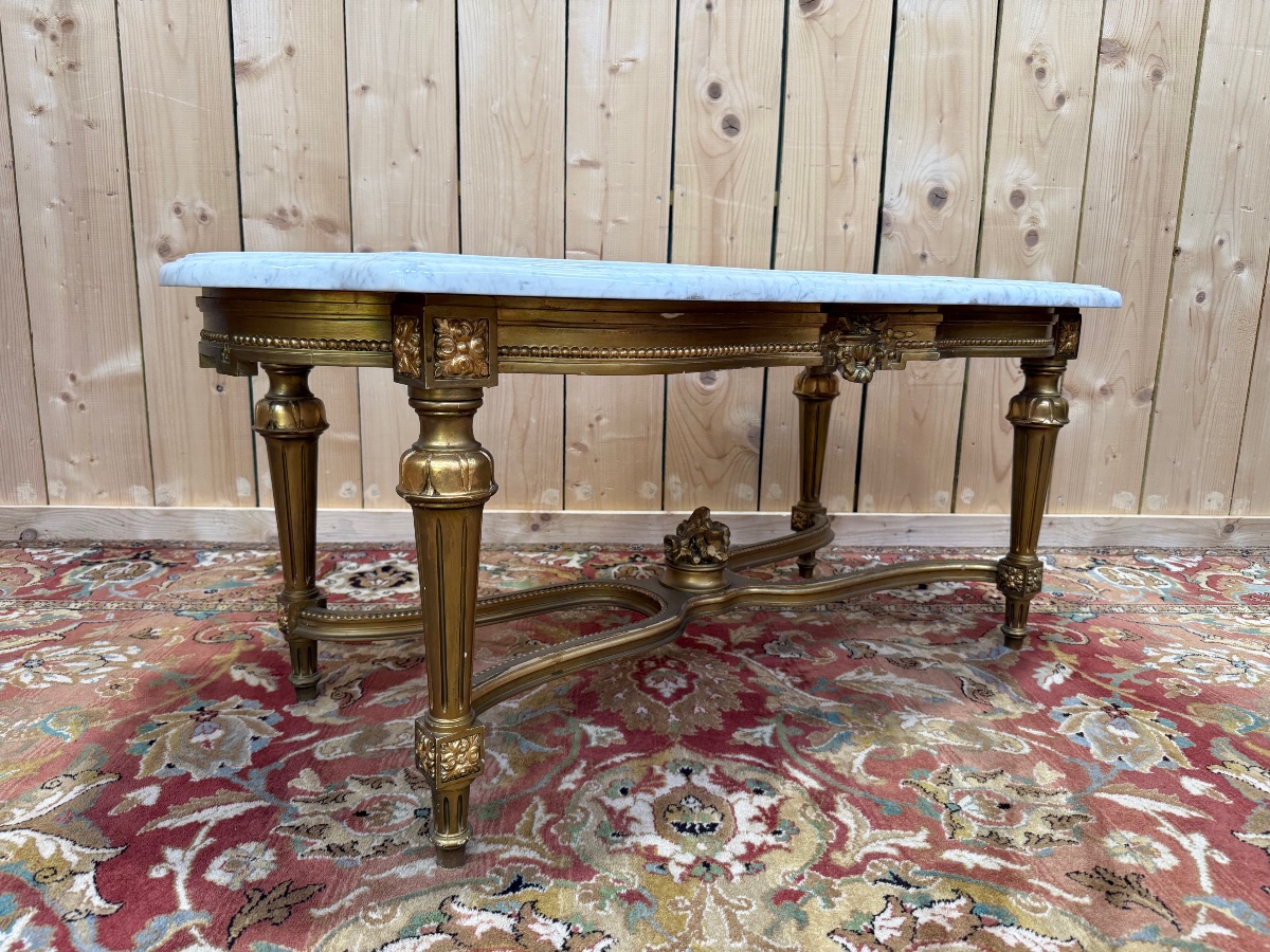 Louis XVI-style Coffee Table In Gilded Wood And White Marble -photo-4