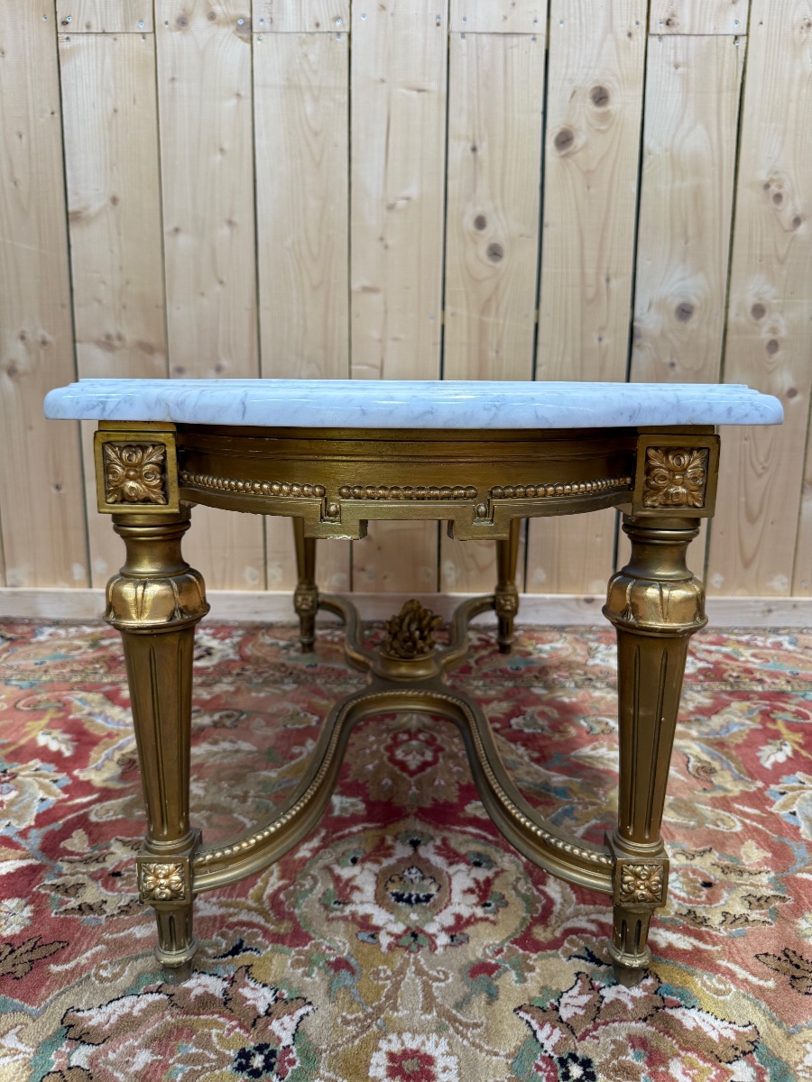 Louis XVI-style Coffee Table In Gilded Wood And White Marble -photo-2