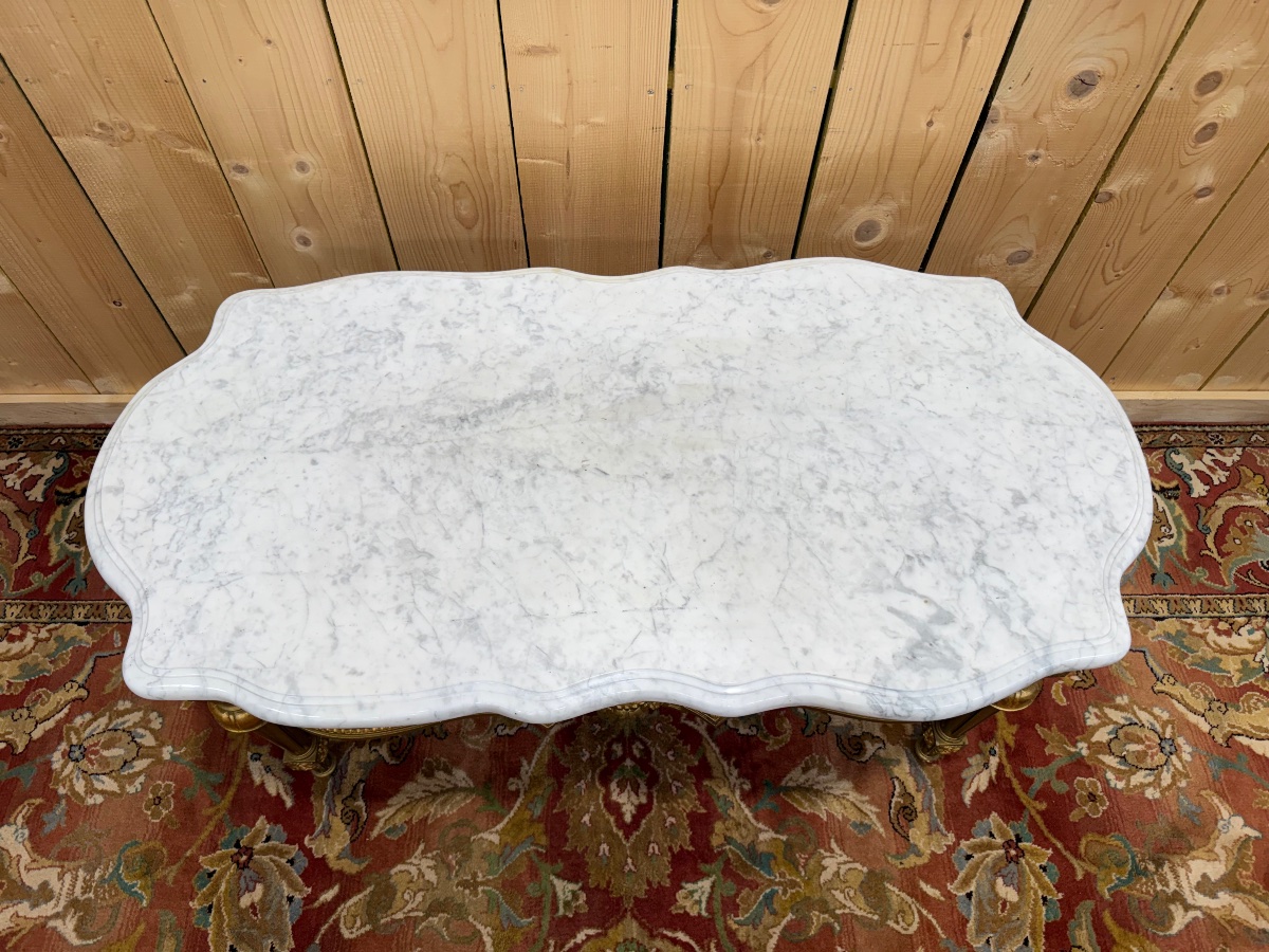 Louis XVI-style Coffee Table In Gilded Wood And White Marble -photo-3