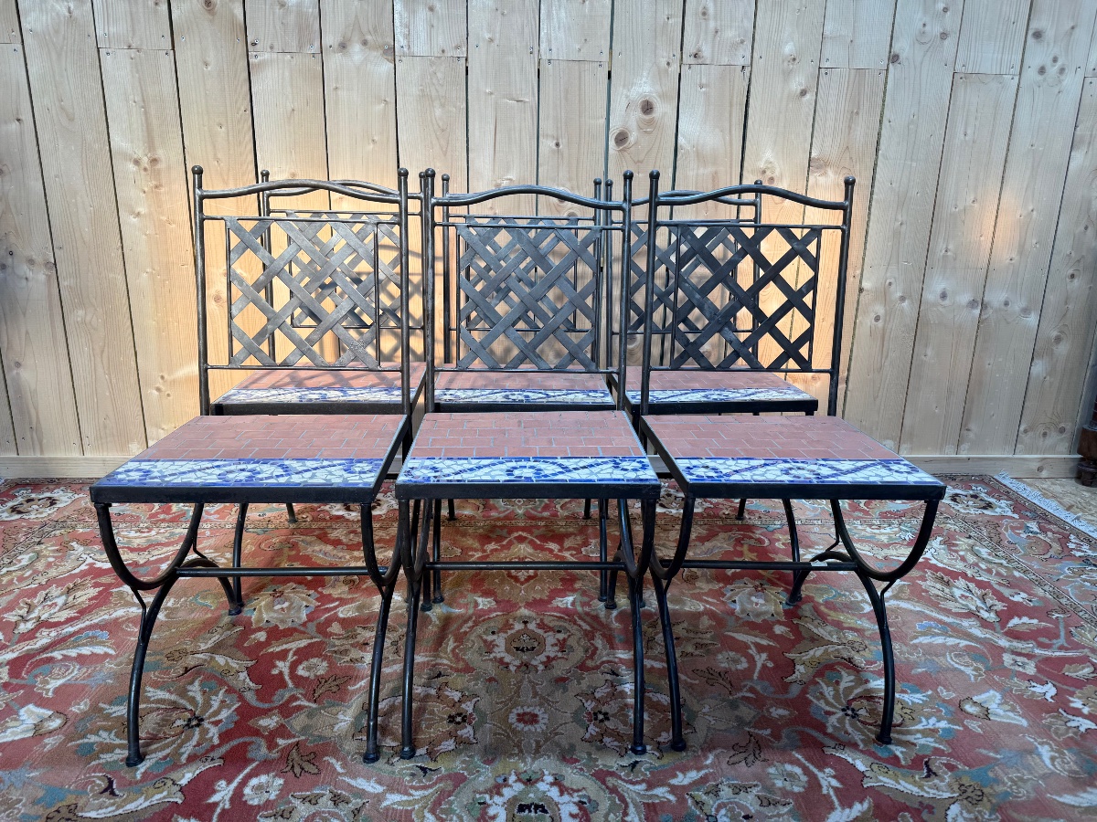 Suite de 6 chaises de jardin en fer et mosaïques -photo-4