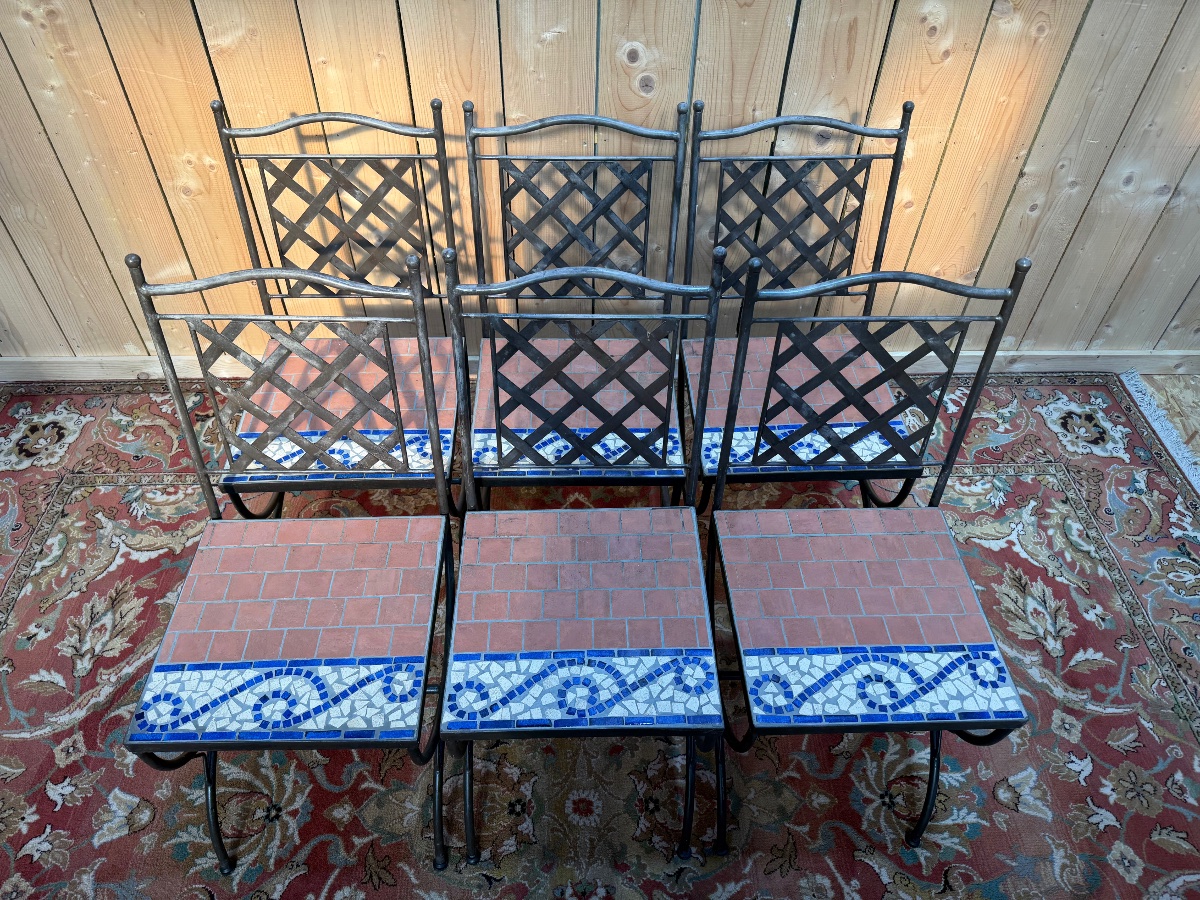 Suite de 6 chaises de jardin en fer et mosaïques -photo-1