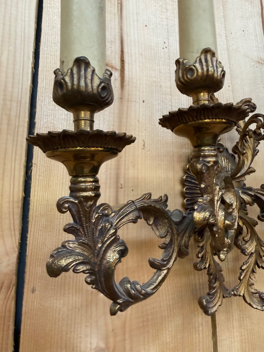 Set Of 3 Large Louis XV-style Rocaille Wall Sconces In Bronze -photo-3