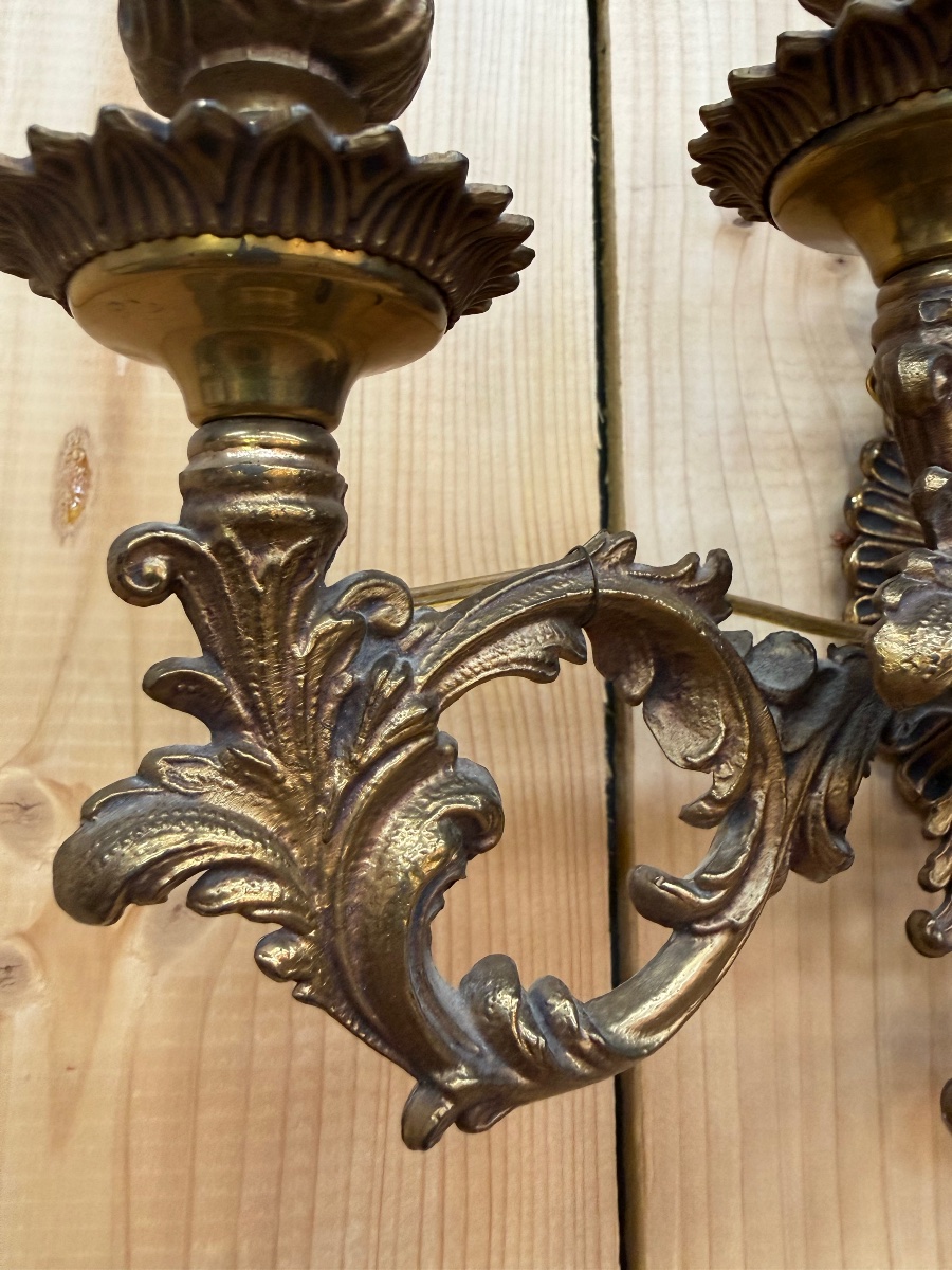 Set Of 3 Large Louis XV-style Rocaille Wall Sconces In Bronze -photo-3