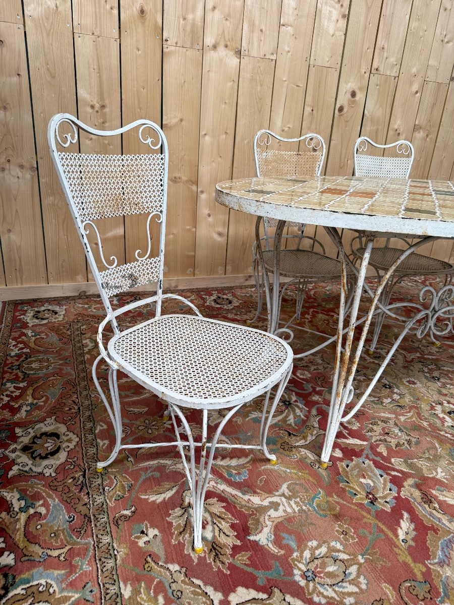 Salon de jardin en fer forgé et faïence Table et 4 chaises -photo-4