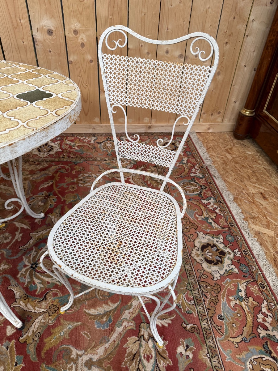 Salon de jardin en fer forgé et faïence Table et 4 chaises -photo-1
