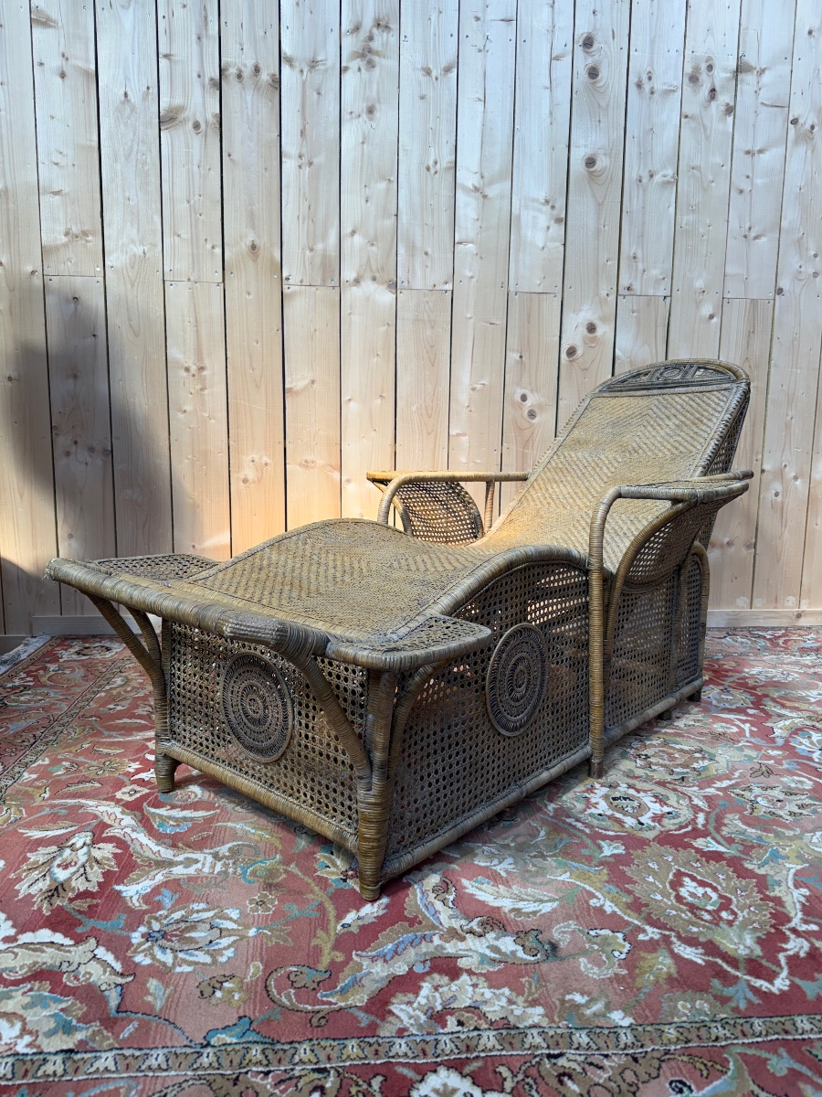Chaise longue en osier et cannage anglaise 1900