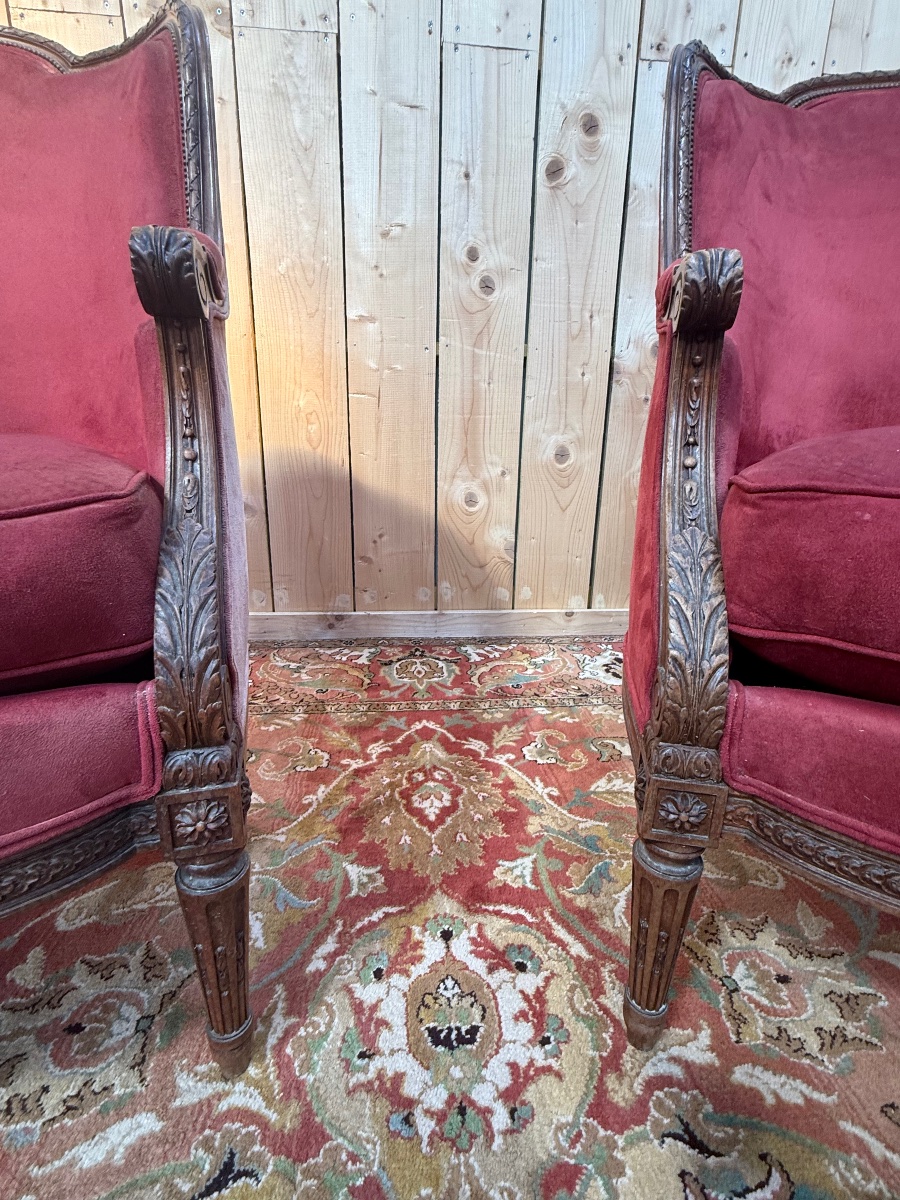 Paire de fauteuils - bergères "Gondoles" de style Louis XVI-photo-2