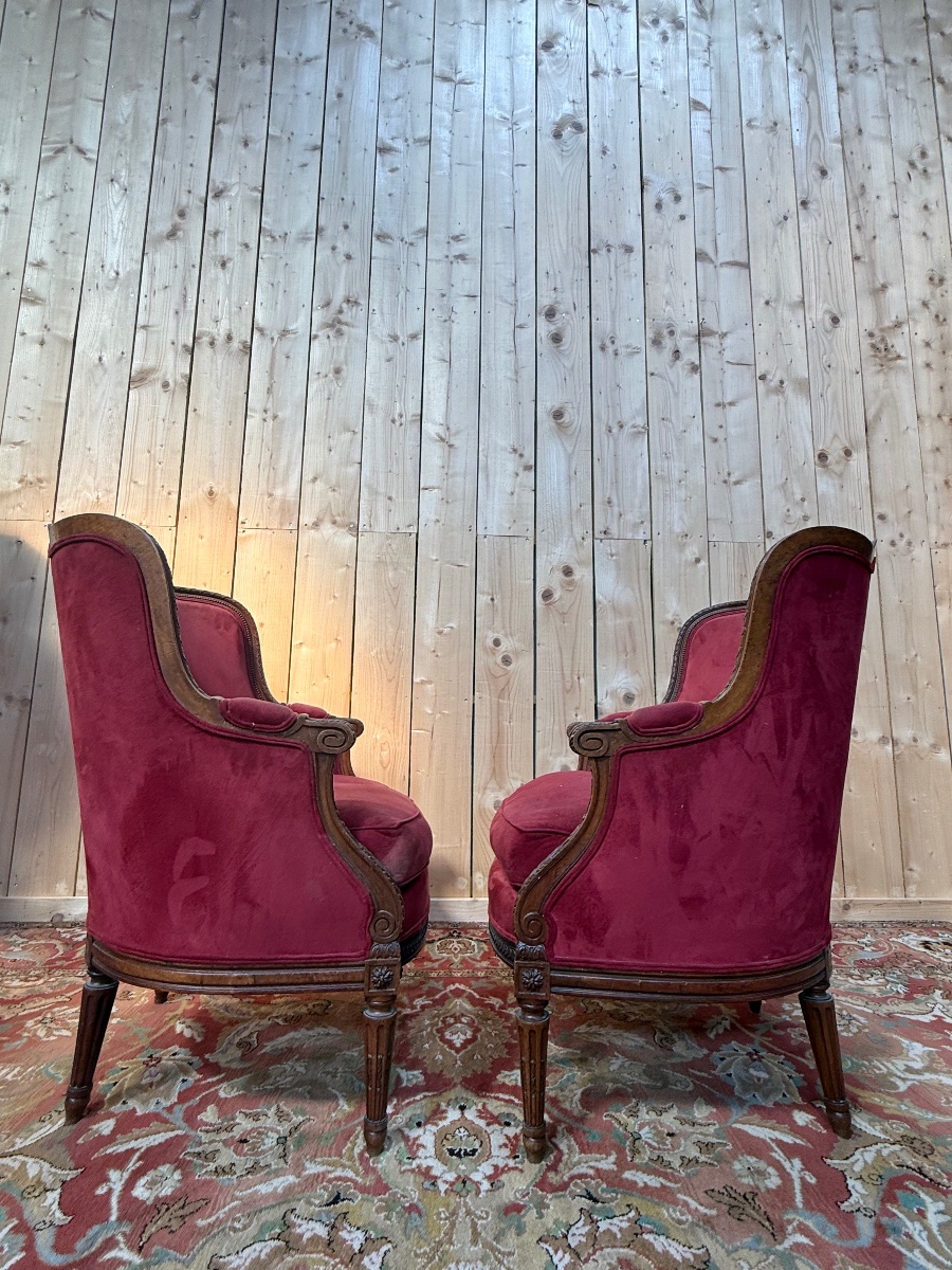 Paire de fauteuils - bergères "Gondoles" de style Louis XVI-photo-2