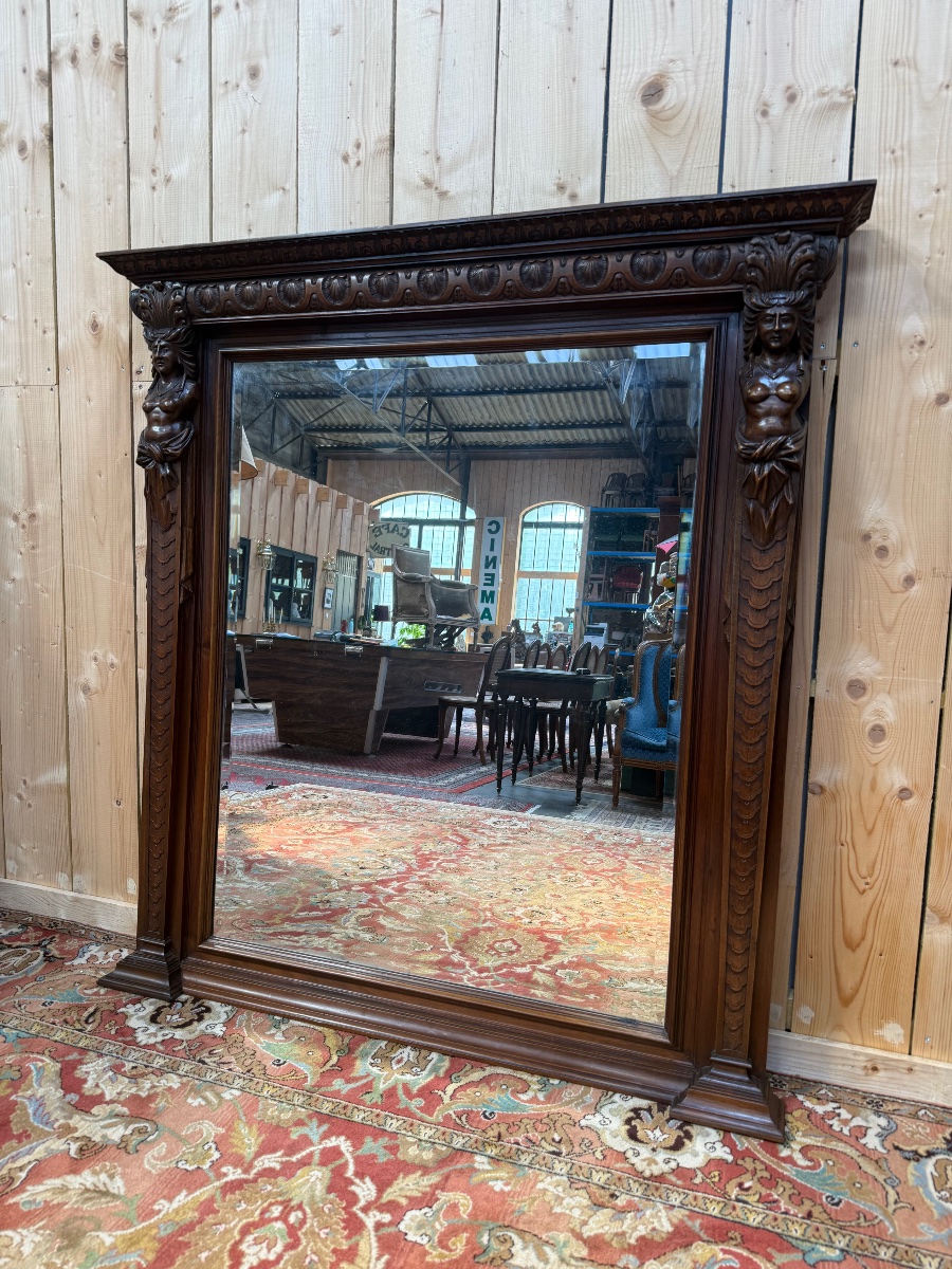 Grand miroir de style néo Renaissance / Baroque en noyer -photo-3